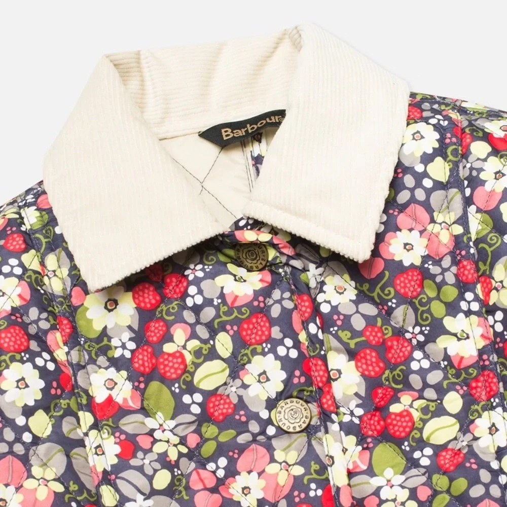Girls Barbour Strawberry Floral Quilted Jacket with Cream Collar